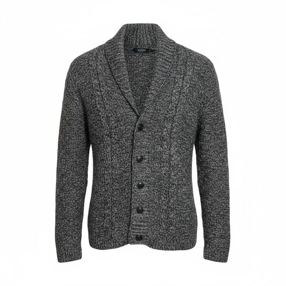 Boohoo Man Button Front Shawl Collar Marled Knit Cardigan Black Size Medium - Picture 1 of 9